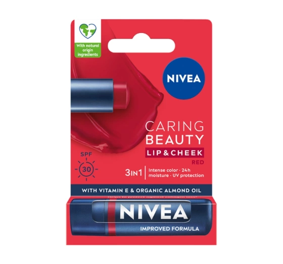 Нажмите на картинку, чтобы ее увеличить NIVEA CARING BEAUTY ГИГИЕНИЧЕСКАЯ ПОМАДА ДЛЯ ГУБ И ЩЕК 3В1 RED 4,8Г