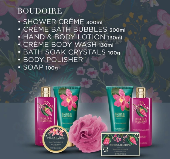 Baylis & Harding Boudoire подарунковий набір: крем для душу 300 мл + піна для ванни 300 мл + бальзам для тіла 130 мл + крем для душу 130 мл + мило 100 г + сіль для ванни 100 г + губка