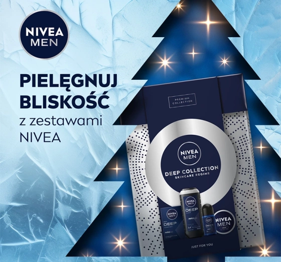 Натисніть на картинку, щоб її збільшити NIVEA MEN Deep Collection набір чоловічої косметики в подарунковій коробці: лосьйон після гоління + крем для обличчя та тіла + гель для душу + кульковий антиперспірант