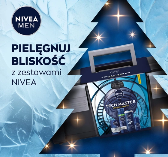 Натисніть на картинку, щоб її збільшити NIVEA MEN Tech Master набір чоловічої косметики в коробці: піна для гоління + бальзам після гоління + гель для душу + кульковий антиперспірант