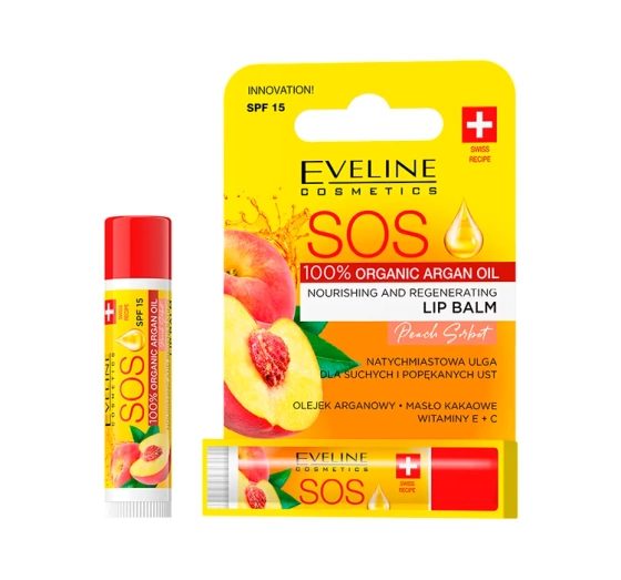 EVELINE SOS ARGAN OIL ПИТАТЕЛЬНЫЙ ВОССТАНАВЛИВАЮЩИЙ БАЛЬЗАМ ДЛЯ ГУБ SPF15 PEACH SORBET