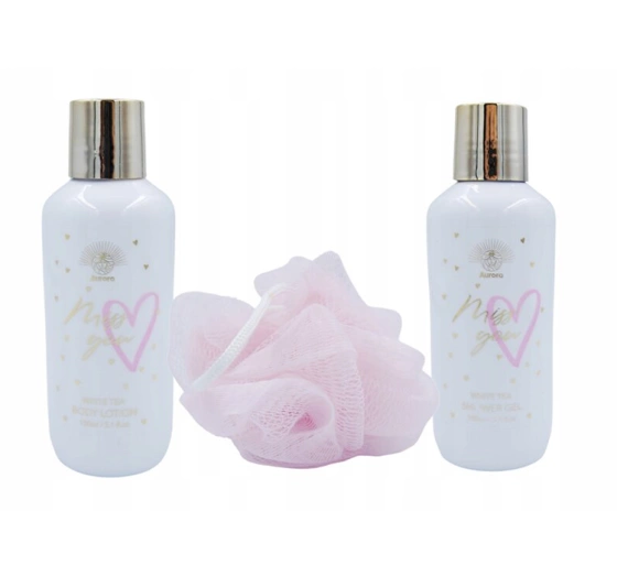 Aurora Xoxo White Tea подарунковий набір гель для душу 150мл + бальзам 150мл + губка для душу