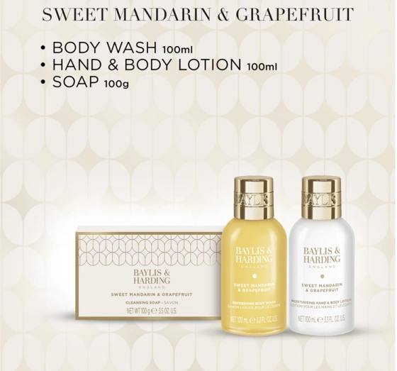 Baylis & Harding Sweet Mandarin & Grapefruit подарунковий набір: гель для душу 100 мл + бальзам для тіла 100 мл + тверде мило 100 г