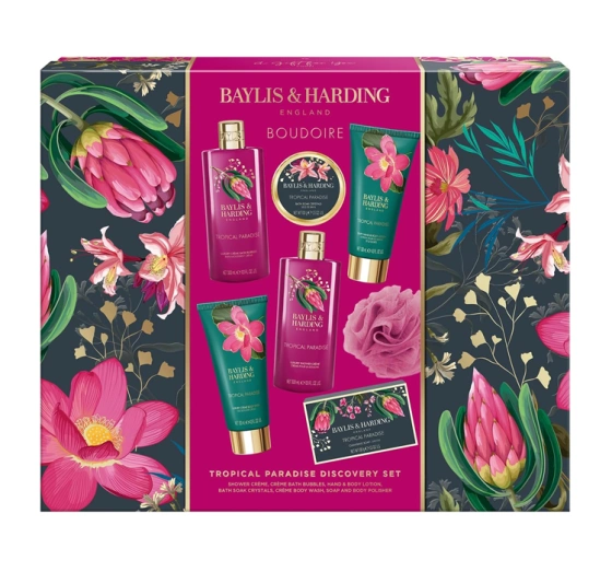 Baylis & Harding Boudoire подарочный набор: крем для душа 300 мл + пена для ванны 300 мл + бальзам для тела 130 мл + крем для душа 130 мл + мыло 100 г + соль для ванны 100 г + губка