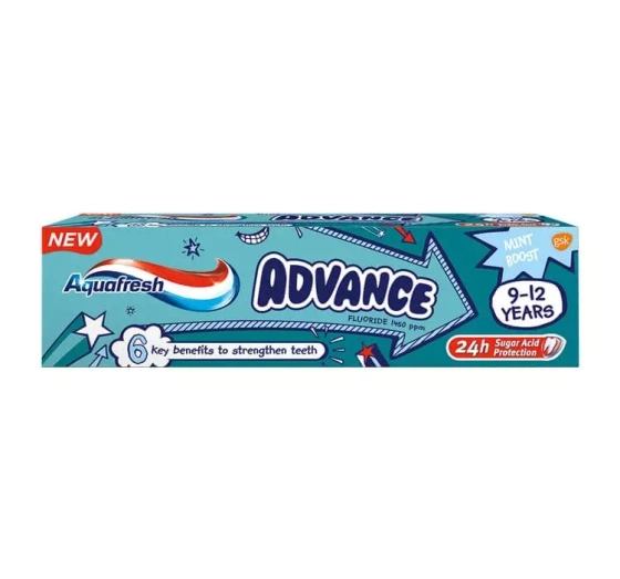 AQUAFRESH ADVANCE ЗУБНАЯ ПАСТА ДЛЯ ДЕТЕЙ ВОЗРАСТОМ 9-12 ЛЕТ MINT BOOST 75 МЛ