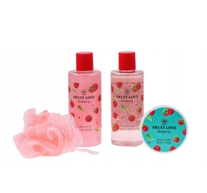 Aurora Fruit Love Raspberry подарунковий набір: гель для душу 200 мл + бальзам для тіла 50 мл + піна для ванни 200 мл + губка