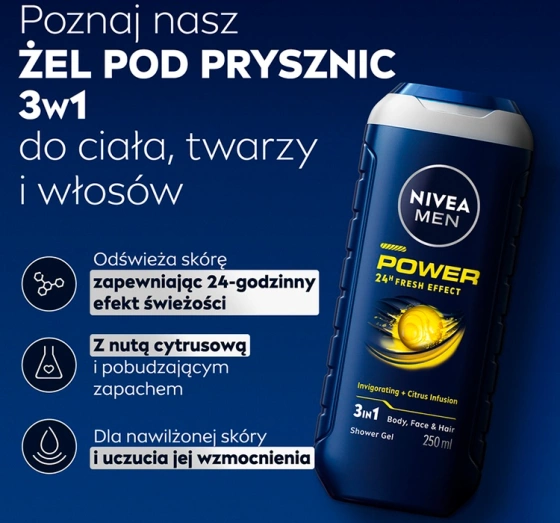 Нажмите на картинку, чтобы ее увеличить NIVEA MEN POWER FRESH ГЕЛЬ ДЛЯ ДУША ДЛЯ МУЖЧИН ДЛЯ ТЕЛА, ЛИЦА И ВОЛОС 500МЛ
