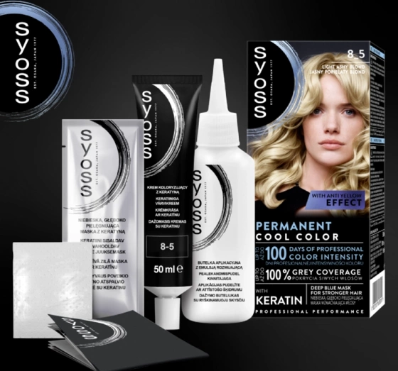 Нажмите на картинку, чтобы ее увеличить SYOSS PERMANENT COLORATION СТОЙКАЯ КРАСКА 8_5 СВЕТЛО-СЕРЫЙ БЛОНД