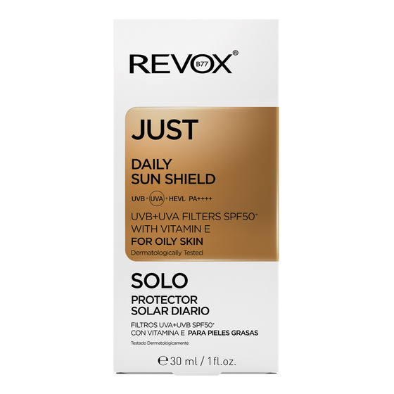 Нажмите на картинку, чтобы ее увеличить Revox B77 Just Daily Sun Shield с фильтрами UVB+UVA — крем для лица SPF50+ с витамином Е для жирной кожи, 30 мл