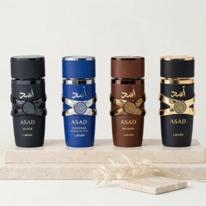 Lattafa Asad Collection подарочный набор: парфюмированная вода Asad 25 мл + Asad Elixir 25 мл + Asad Bourbon 25 мл + Asad Zanzibar 25 мл