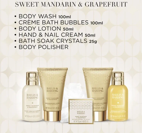 Baylis & Harding Sweet Mandarin & Grapefruit подарунковий набір: крем для душу 100 мл + піна для ванни 100 мл + бальзам для тіла 50 мл + крем для рук 50 мл + сіль для ванни 25 г + губка