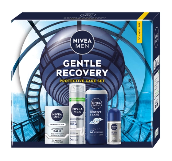 Натисніть на картинку, щоб її збільшити NIVEA MEN Gentle Recovery набір для чоловіків: гель для душу + піна для гоління + бальзам після гоління + кульковий антиперспірант