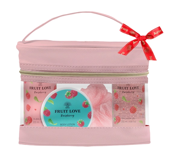 Нажмите на картинку, чтобы ее увеличить Aurora Fruit Love Raspberry подарочный набор: гель для душа 200 мл + бальзам для тела 50 мл + пена для ванны 200 мл + губка