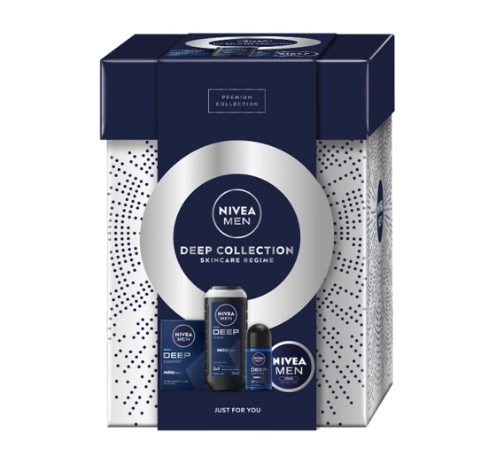 Натисніть на картинку, щоб її збільшити NIVEA MEN Deep Collection набір чоловічої косметики в подарунковій коробці: лосьйон після гоління + крем для обличчя та тіла + гель для душу + кульковий антиперспірант