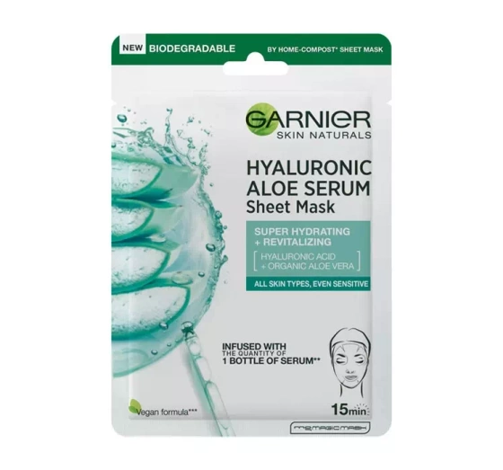 GARNIER SKIN NATURALS TISSUE MASK ЗВОЛОЖУВАЛЬНА ТКАНИННА МАСКА З АЛОЕ І ГІАЛУРОНОВОЮ КИСЛОТОЮ 28Г