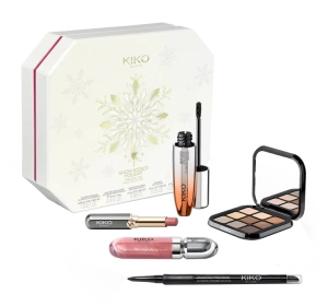 KIKO Milano Snow-Kissed Holiday Timeless Look подарочный набор для макияжа: подводка для глаз 0,35 г + тушь 12 мл + палетка теней для век 2,5 г + помада 1,5 г + блеск для губ 6,5 мл