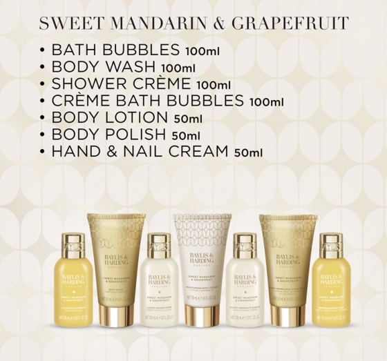 Baylis & Harding Sweet Mandarin & Grapefruit подарочный набор: пена для ванны 100 мл + гель для душа 100 мл + кремовая пена для ванны 100 мл + бальзам 50 мл + крем для рук 50 мл + скраб 50 мл