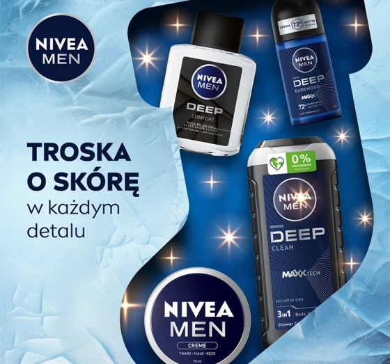Натисніть на картинку, щоб її збільшити NIVEA MEN Deep Collection набір чоловічої косметики в подарунковій коробці: лосьйон після гоління + крем для обличчя та тіла + гель для душу + кульковий антиперспірант