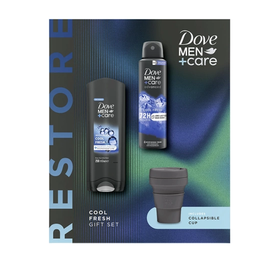 Натисніть на картинку, щоб її збільшити DOVE MEN+ CARE RESTORE COOL FRESH НАБІР КОСМЕТИКИ ГЕЛЬ ДЛЯ ДУШУ + АНТИПЕРСПІРАНТ + СКЛАДНА СКЛЯНКА