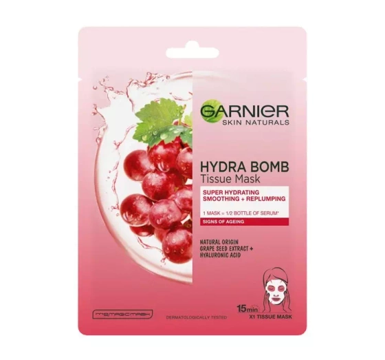 GARNIER HYDRA BOMB ИНТЕНСИВНО УВЛАЖНЯЮЩАЯ ТКАНЕВАЯ МАСКА С ЭКСТРАКТОМ ВИНОГРАДНЫХ КОСТОЧЕК 28Г