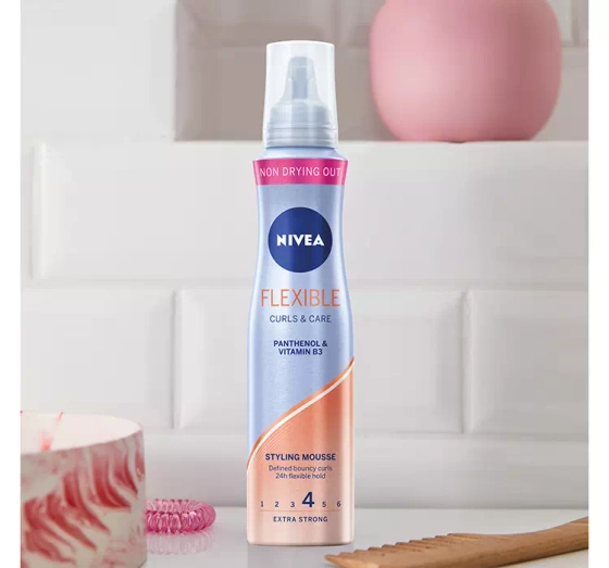 Натисніть на картинку, щоб її збільшити NIVEA FLEXIBLE CURLS&CARE MOUSSE ПІНКА ДЛЯ ВОЛОССЯ 150МЛ
