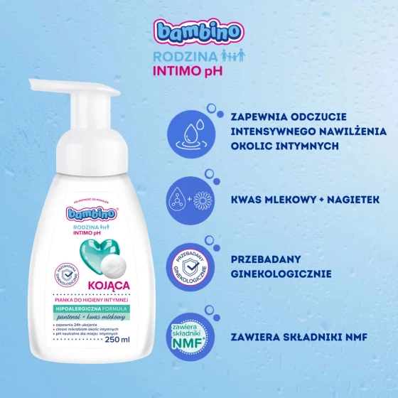 Натисніть на картинку, щоб її збільшити Bambino Rodzina Intimo pH заспокійлива пінка для інтимної гігієни 250 мл