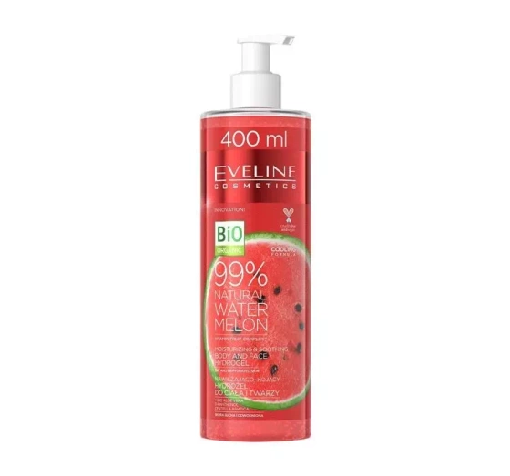 EVELINE 99% NATURAL WATERMELON КАВУНОВИЙ ЗВОЛОЖУВАЛЬНО-ЗАСПОКІЙЛИВИЙ ГІДРОГЕЛЬ ДЛЯ ТІЛА І ОБЛИЧЧЯ 400МЛ