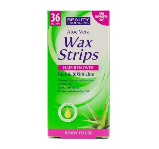 BEAUTY FORMULAS ALOE VERA WAX STRIPS ПЛАСТЫРИ ДЛЯ ДЕПИЛЯЦИИ ЛИЦА И ЗОНЫ БИКИНИ 36ШТУК