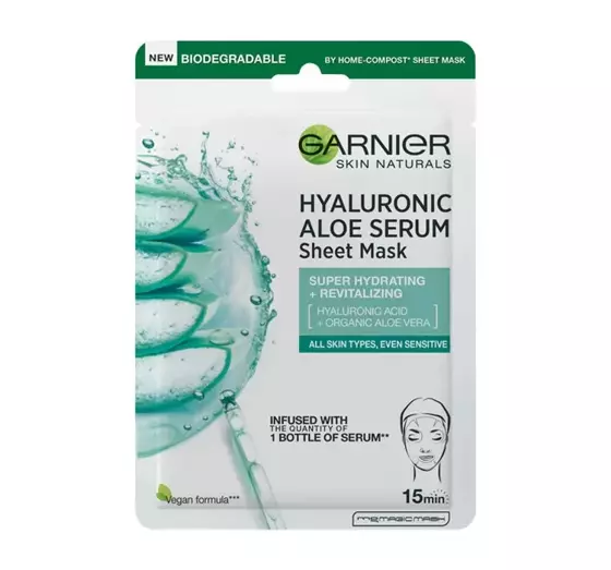 GARNIER SKIN NATURALS TISSUE MASK ЗВОЛОЖУВАЛЬНА ТКАНИННА МАСКА З АЛОЕ І ГІАЛУРОНОВОЮ КИСЛОТОЮ 28Г