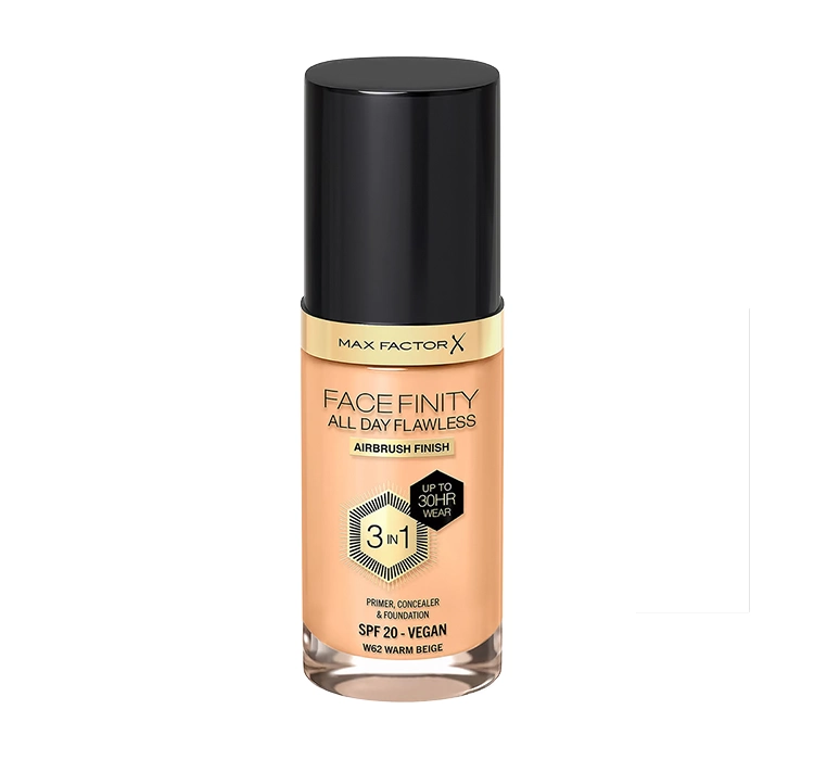 MAX FACTOR FACEFINITY ALL DAY FLAWLESS 3IN1 ВЕГАНСЬКИЙ ТОНАЛЬНИЙ ЗАСІБ W62 WARM BEIGE 30МЛ