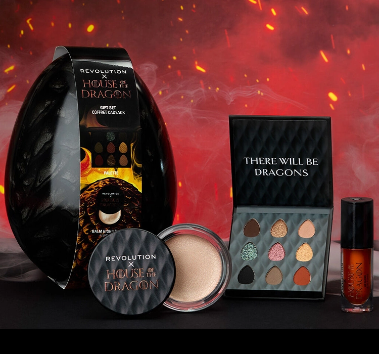 Makeup Revolution x House Of The Dragon набір косметики палетка тіней + блиск для губ + хайлайтер